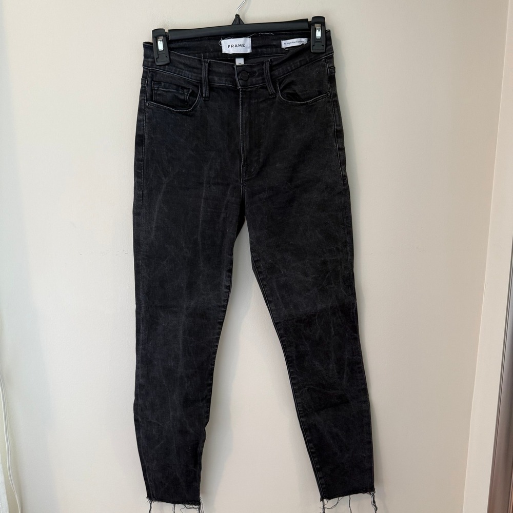 Frame Ali High Rise Cigarette Jeans Faded Black Raw Hem 26